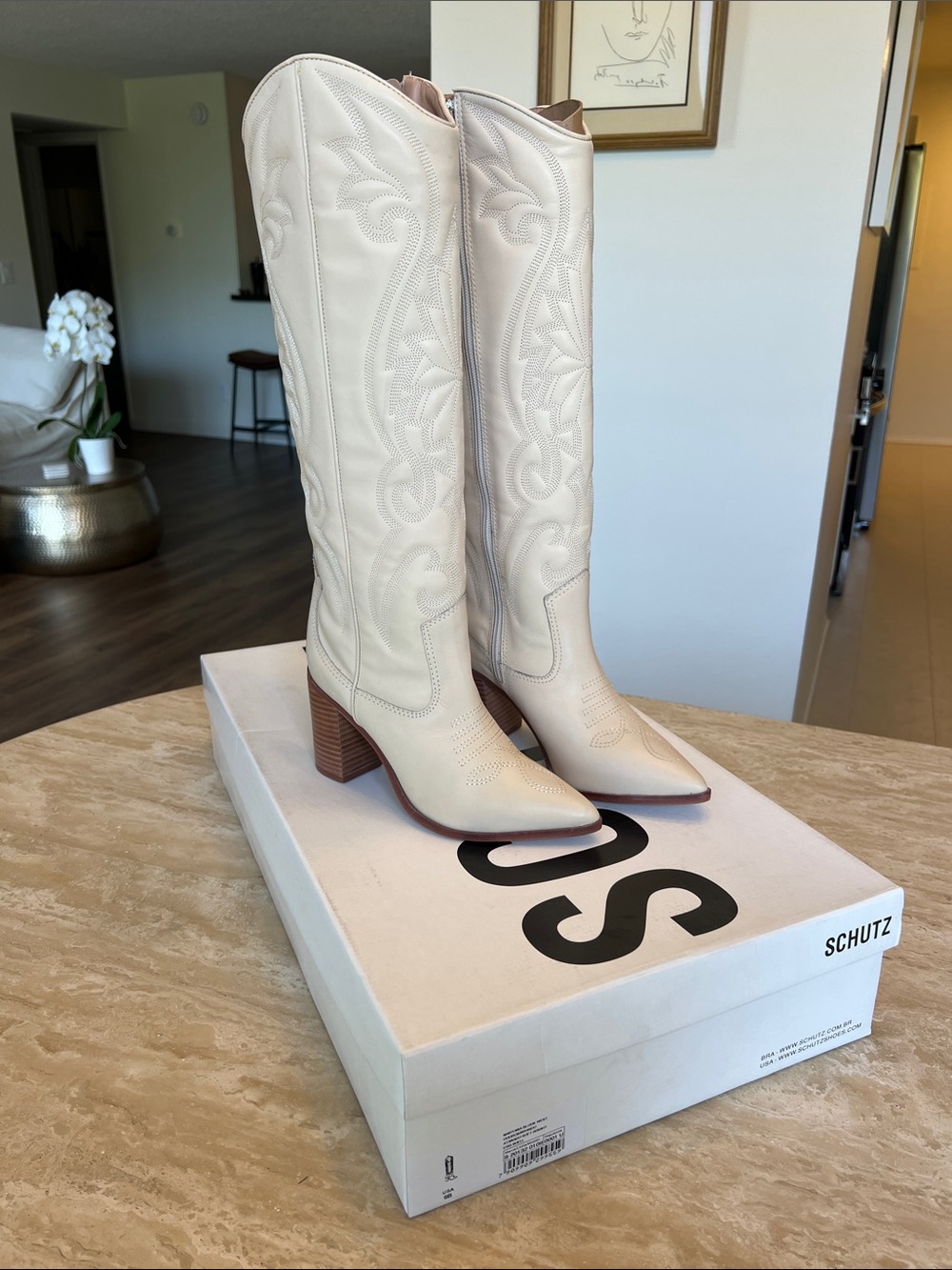 SCHUTZ Cream Embroidered Pointed-Toe Knee-High Boots